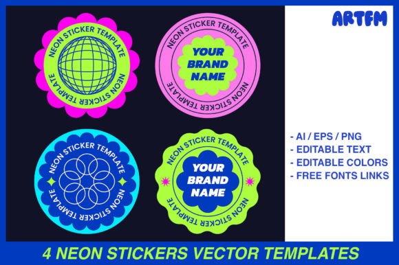 Unleash Retro Vibes: 4 Neon Y2K Sticker Print Templates